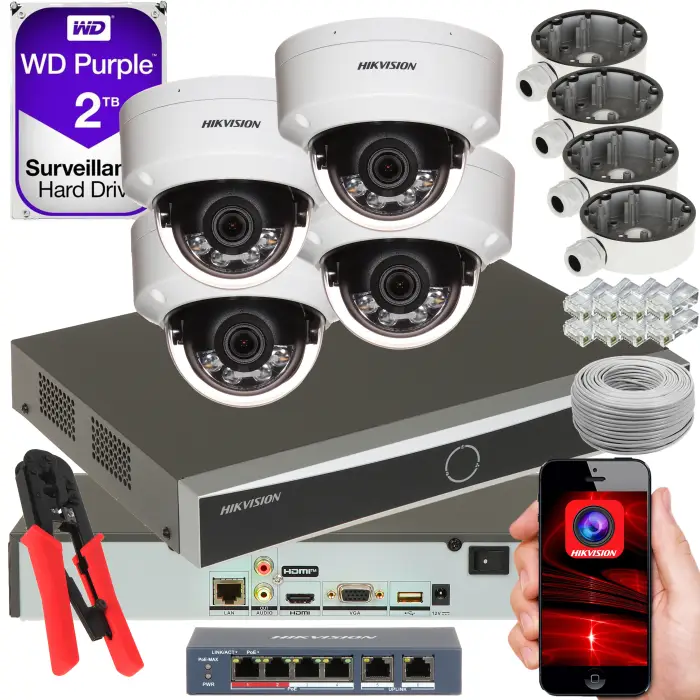 KOMPLETNY ZESTAW DO MONITORINGU IP HIKVISION 4 KAMERY KOPUŁOWE WANDALOODPORNE 4MP + REJESTRATOR 4 KANAŁOWY + SWITCH POE + DYSK TWARDY